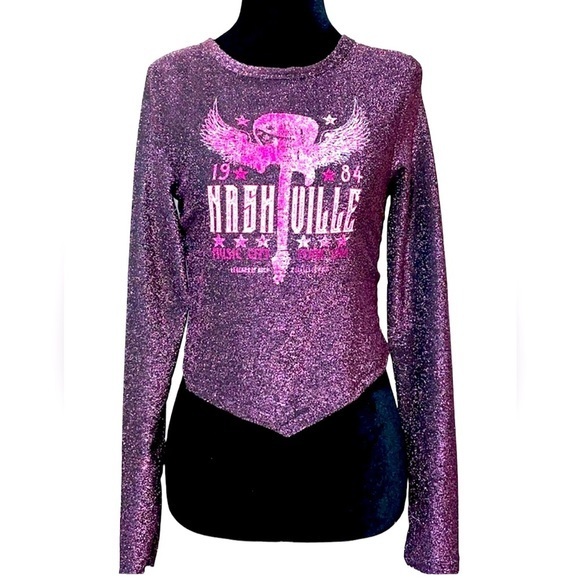 Altar'd State Tops - NWT Altar’d State Ladies Black & Pink Sparkly Glittery Nashville 1984 Crop Top